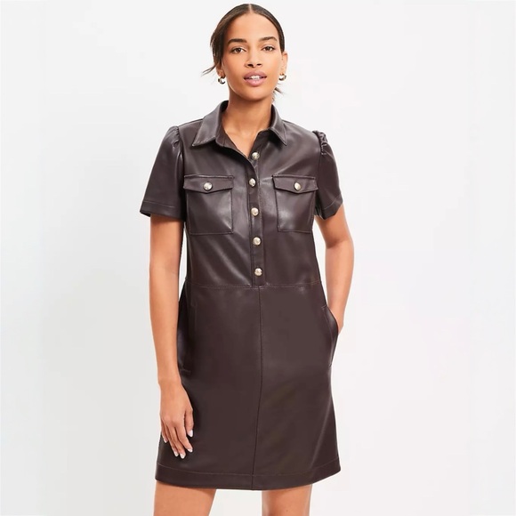 | loft • chocolate faux leather pocket mini dress • size 4 | - Picture 1 of 9
